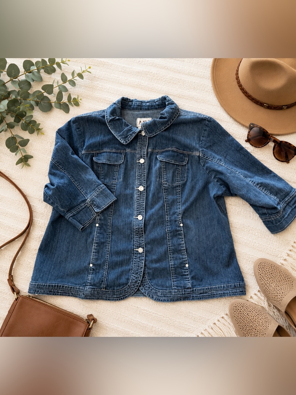 AMX Blue Denim Jacket Women’s Plus Size 2X Button Front Lightweight Jean Jacket